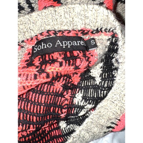 Soho Apparels S Geometric Aztec Knit Poncho With Fringe In Coral & Black - Picture 3 of 8